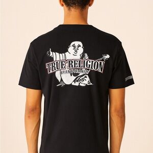 True Religion Black Graphic Logo T-Shirt Mens Size SM Big Buddha Back Print